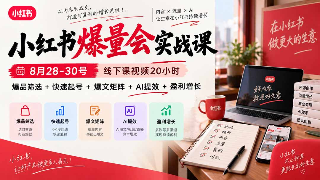 小红书爆量会实战课-更新9月23：线下课视频20小时，爆品筛选+快速起号+爆文矩阵+AI提效+盈利增长-橙心云网创