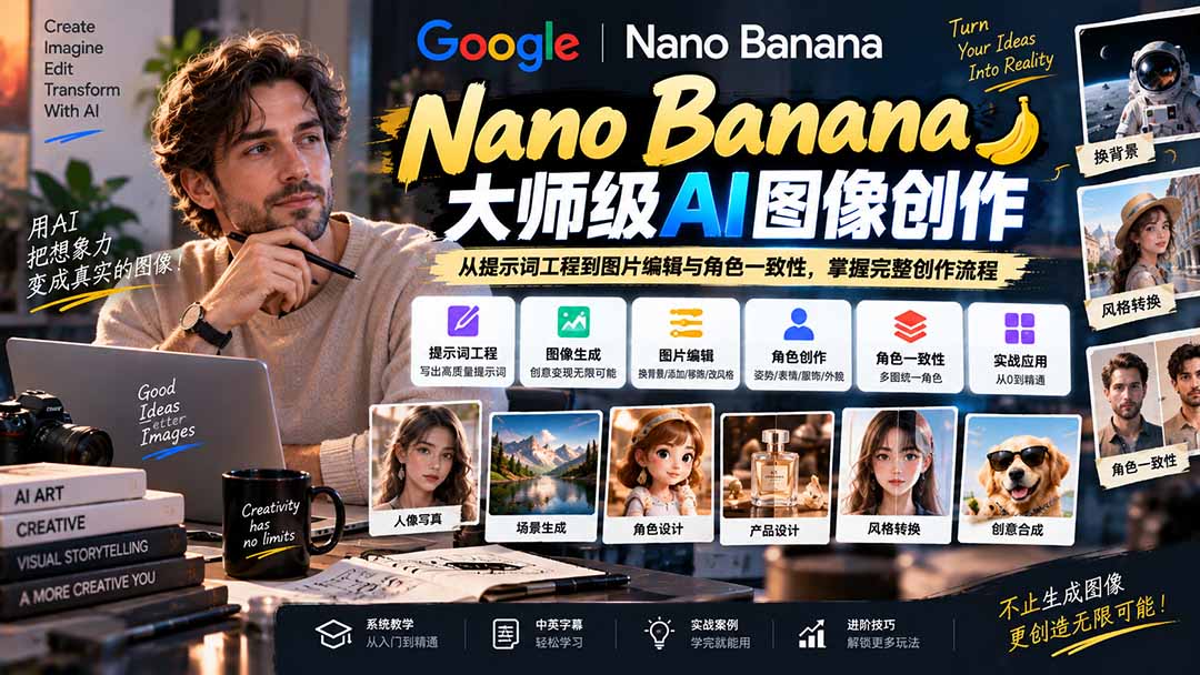 【无水印】Nano Banana大师级AI图像实战课：从提示词工程到图片编辑与角色一致性，掌握完整创作流程-橙心云网创