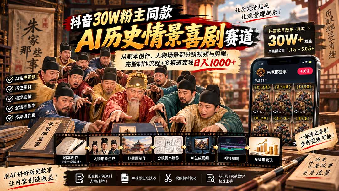 抖音30W粉博主同款AI历史情景喜剧赛道：从剧本创作、人物场景到分镜视频与剪辑，完整制作流程+多渠道变现日入1000+-橙心云网创