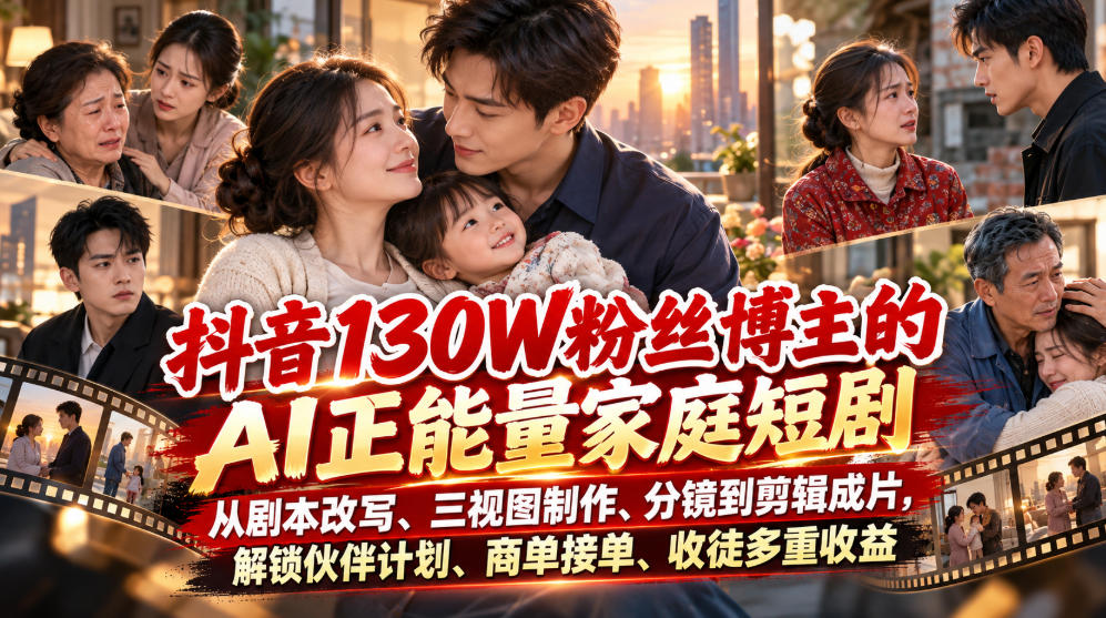 抖音130W粉丝博主的AI正能量家庭短剧，从剧本改写、三视图制作、分镜到剪辑成片，解锁伙伴计划、商单接单、收徒多重收益-橙心云网创