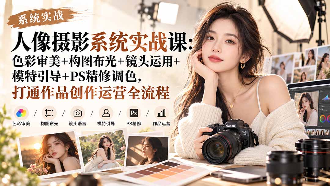 【无水印】人像摄影系统实战课：色彩审美+构图布光+镜头运用+模特引导+PS精修调色，打通作品创作运营全流程-橙心云网创
