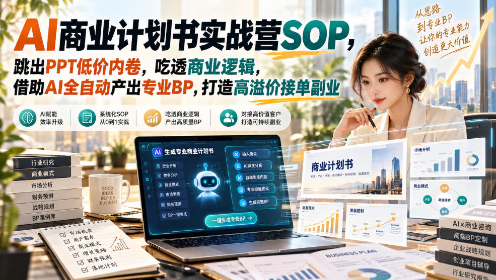 AI商业计划书实战营SOP，跳出PPT低价内卷，吃透商业逻辑，借助AI全自动产出专业BP，打造高溢价接单副业-橙心云网创