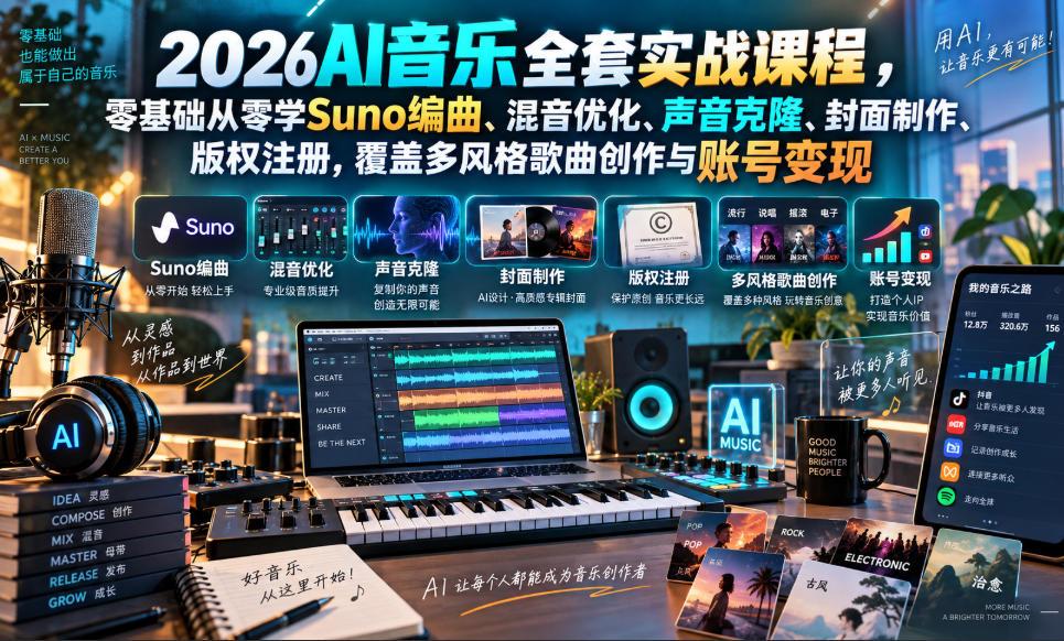 2026AI音乐实战课程，零基础从零学Suno编曲、混音优化、声音克隆、版权注册，覆盖多风格歌曲创作与账号变现(更新0924)-橙心云网创
