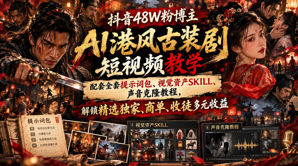 抖音48W粉博主AI港风古装剧短视频教学，配套全套提示词包、视觉资产SKILL、声音克隆教程，解锁精选独家、商单、收徒多元收益-橙心云网创