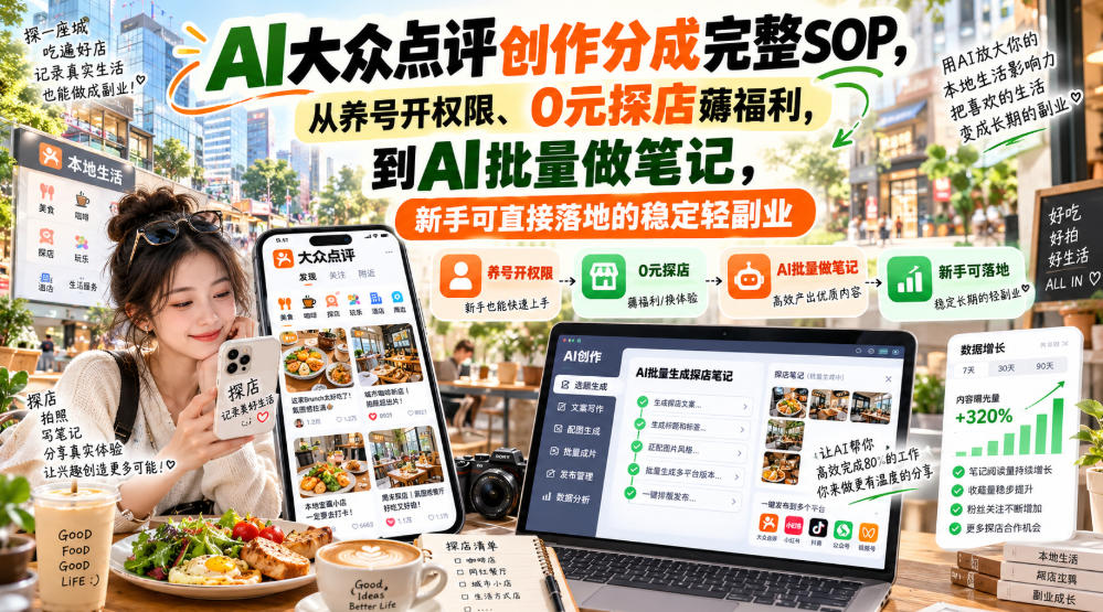 【无水印】AI大众点评创作分成完整SOP，从养号开权限、0元探店薅福利，到AI批量做笔记，新手可直接落地的稳定轻副业-橙心云网创