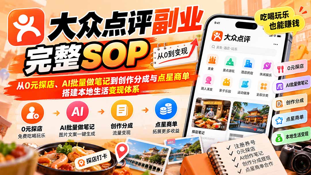 【无水印】大众点评副业完整SOP：从0元探店、AI批量做笔记到创作分成与点星商单，搭建本地生活变现体系-橙心云网创