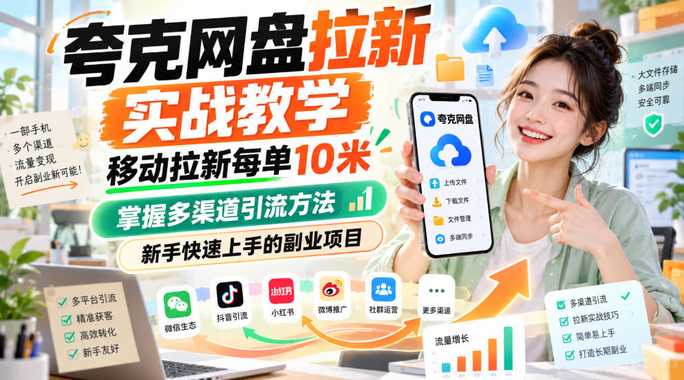 夸克网盘拉新实战教学,移动拉新每单10米,掌握多渠道引流方法,新手快速上手的副业项目-橙心云网创