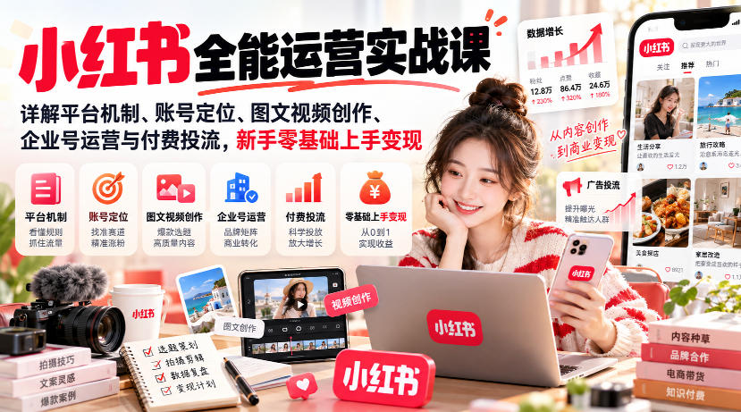 小红书全能运营实战课,详解平台机制、账号定位、图文视频创作、企业号运营与付费投流,新手零基础上手变现-橙心云网创
