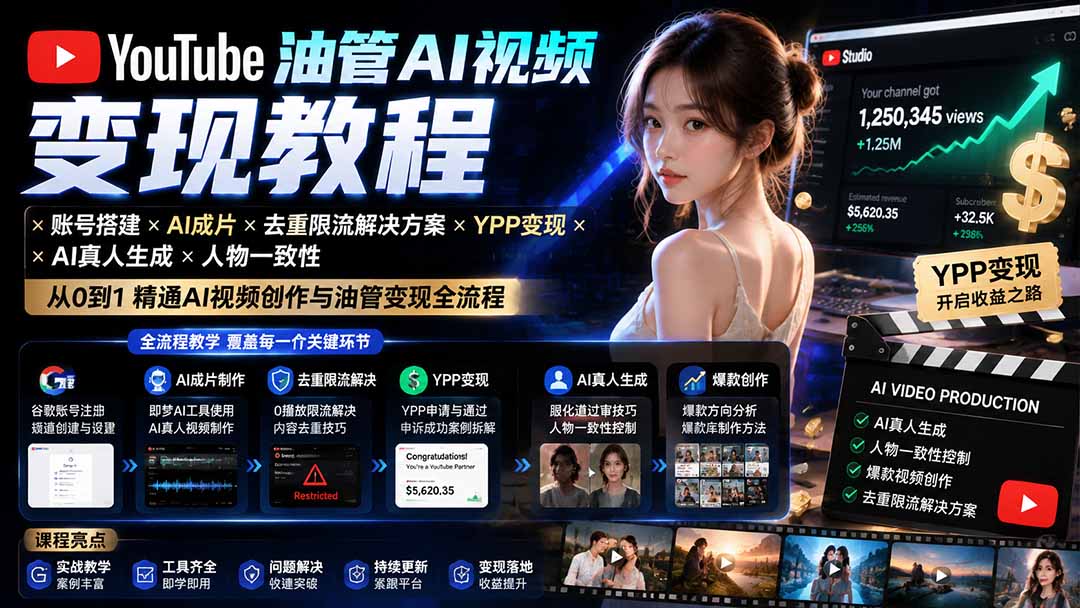 YouTube油管AI视频变现教程-更新0926:账号搭建×AI成片×去重限流解决方案×YPP变现×AI真人生成×人物一致性-橙心云网创