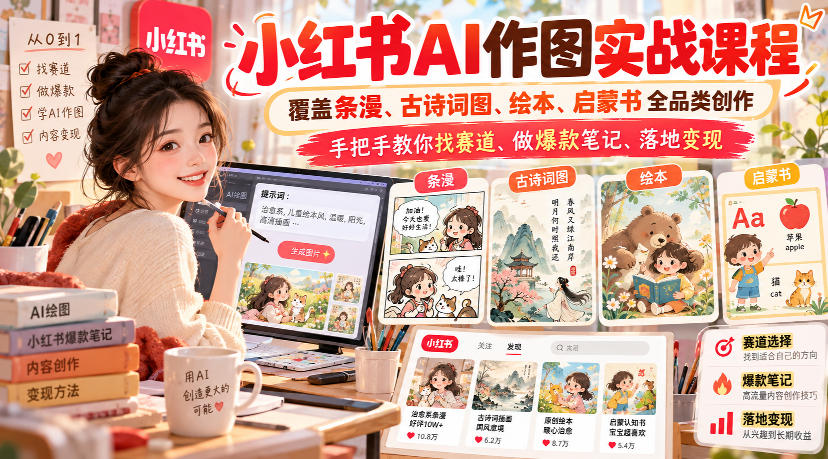 小红书AI作图实战课程,覆盖条漫、古诗词图、绘本、启蒙书全品类创作,手把手教你找赛道、做爆款笔记、落地变现-橙心云网创