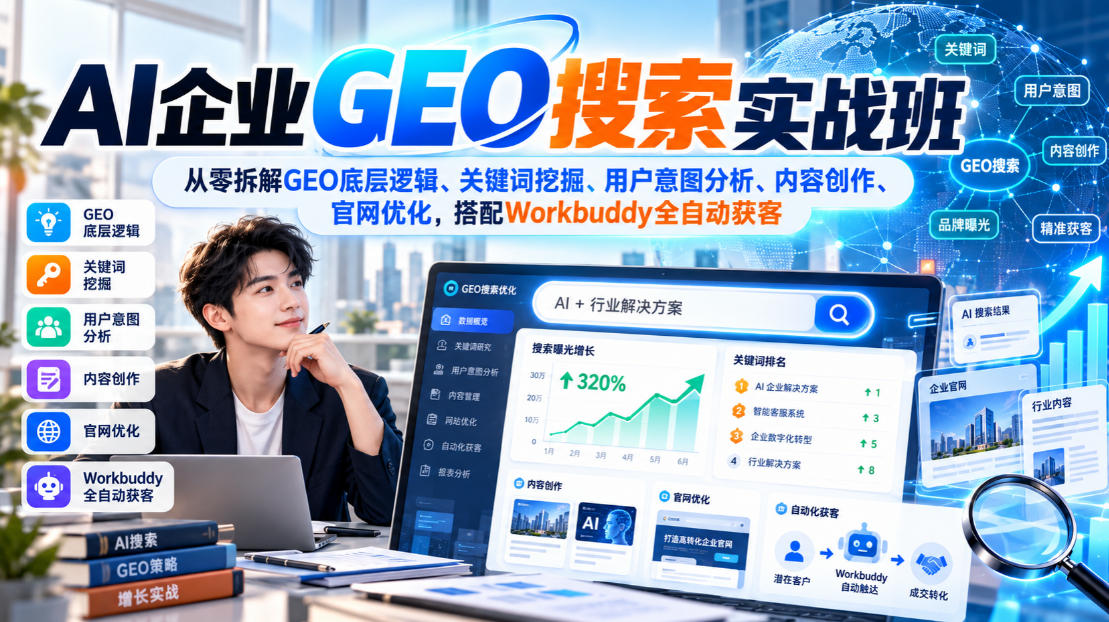 AI企业GEO搜索实战班,从零拆解GEO底层逻辑、关键词挖掘、用户意图分析、内容创作、官网优化,搭配Workbuddy全自动获客-橙心云网创