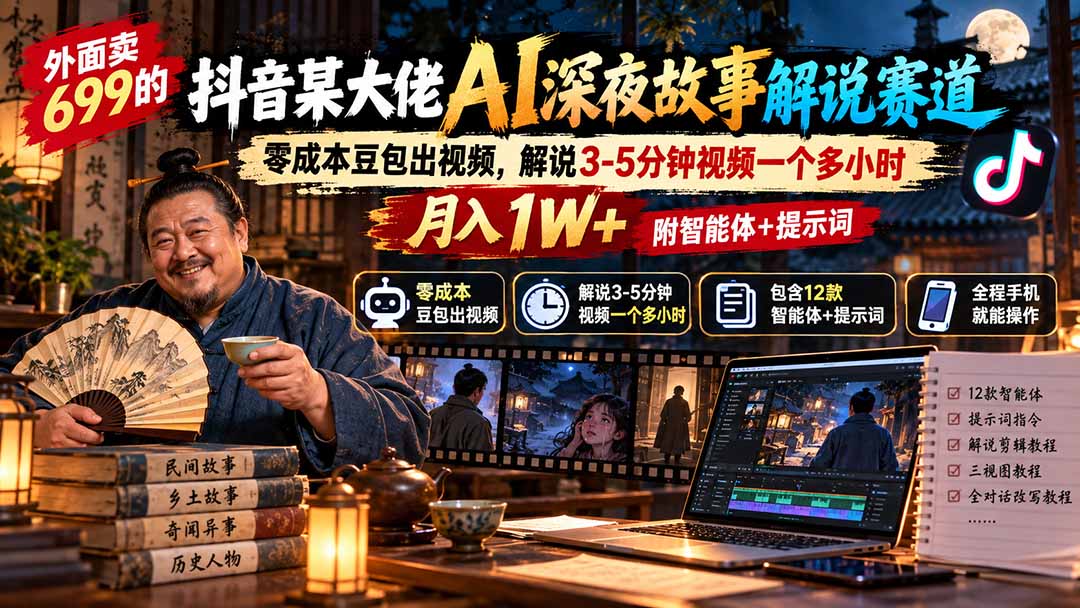 外面卖699的抖音某大佬AI深夜故事解说赛道:零成本豆包出视频,解说3-5分钟视频一个多小时,月入1W+附智能体+提示词-橙心云网创
